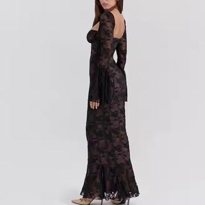 เดรสลูกไม้ฤดูใบไม้ร่วงแบบใหม่ ราคาถูก คุณภาพสูง แขนยาว คอเหลี่ยม เปิดหลัง ทรงเข้ารูป ยาวแบบแม็กซี่ สำหรับผู้หญิง - Product Image 3