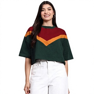 Camiseta Corta de Mujer con Bloques de Color, Cuello Redondo, Manga Corta, Ajuste Holgado, Informal, Verde, Rojo, Naranja, Tejida, Primavera Verano - Product Image 1