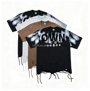 Camiseta Oversize de Algodón de Manga Corta con Cuello Redondo, Estilo Urbano con Estampado de Letras y Dobladillo Deshilachado, Ropa Casual para Hombre - Product Image 1
