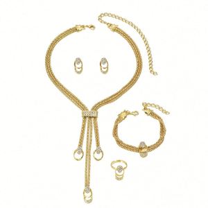 Korean Style Gold Plated Alloy Link Chain <b>Necklace</b> Earrings Versatile Finger <b>Ring</b> Set Trendy Fresh Crystal Niche Design - Product Image 5