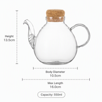 Théière en verre borosilicate de 550 ml avec couvercle en liège naturel, bouilloire à thé transparente résistante à la chaleur, infuseur à café et thé minimaliste