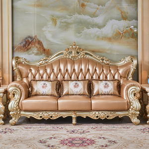 Stile europeo di alto lusso in legno massello vera pelle divano Set <span class=keywords><strong>Champagne</strong></span> oro 123 sedile per casa Villa soggiorno mobili - Product Image 3