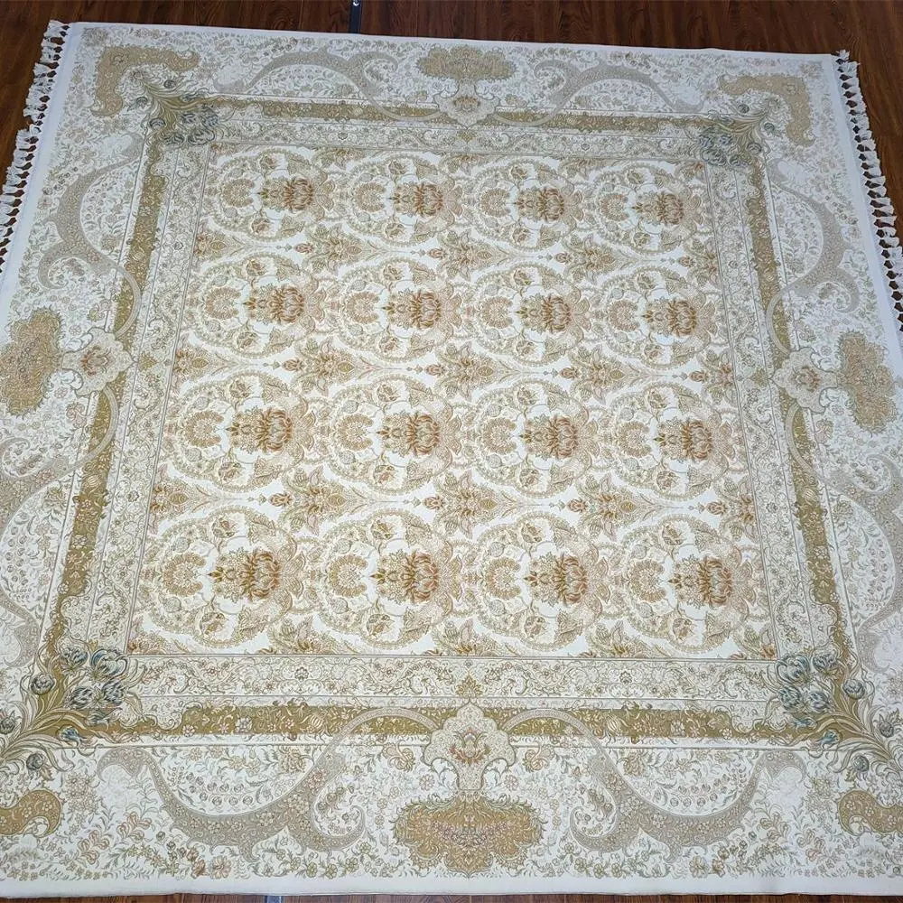 250X250Cm Desainer Modern Tangan Turki Simpul Kotak Putih Buatan Tangan Sutra Wol Persia Campuran Karpet Dalam Ruangan Area Karpet Dekorasi