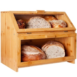 Wooden Food Storage 2 Tier Large Bamboo Bread Storage Box for home