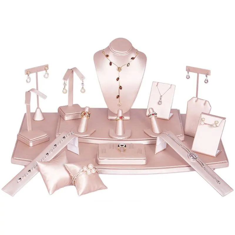 Oem Custom Luxe Roze Pu Lederen Sieraden Displays Set Voor Ketting Oorbel Armband Ring Hanger Sieraden Showcase