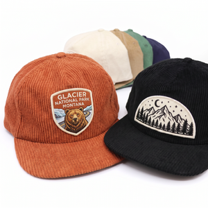 Casquette en velours côtelé non structurée avec logo brodé personnalisé OEM à 5 panneaux et fermeture snapback - Product Image 1