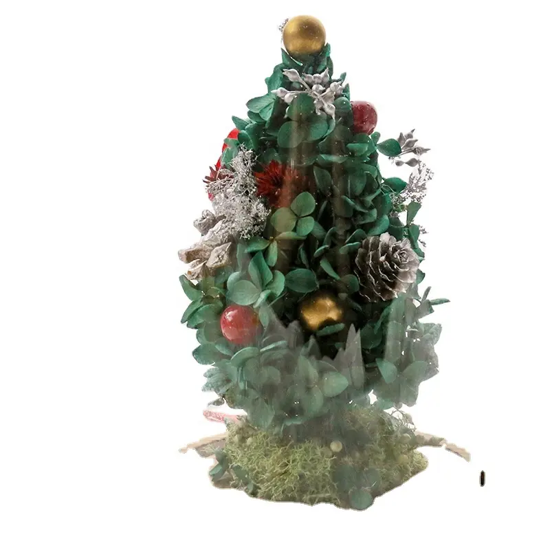 手作りのクリスマスツリーリアルローズガラスドーム保存された苔永遠のアジサイロマンチックな保存された植物花クリスマスギフト