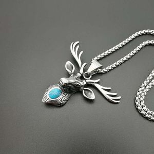 yunnique <b>Titanium</b> Steel Elk Head Pendant Necklace With Turquoise Inlay Silver <b>Chain</b> 3mm 61cm Gift Jewelry Animal Design - Product Image 3
