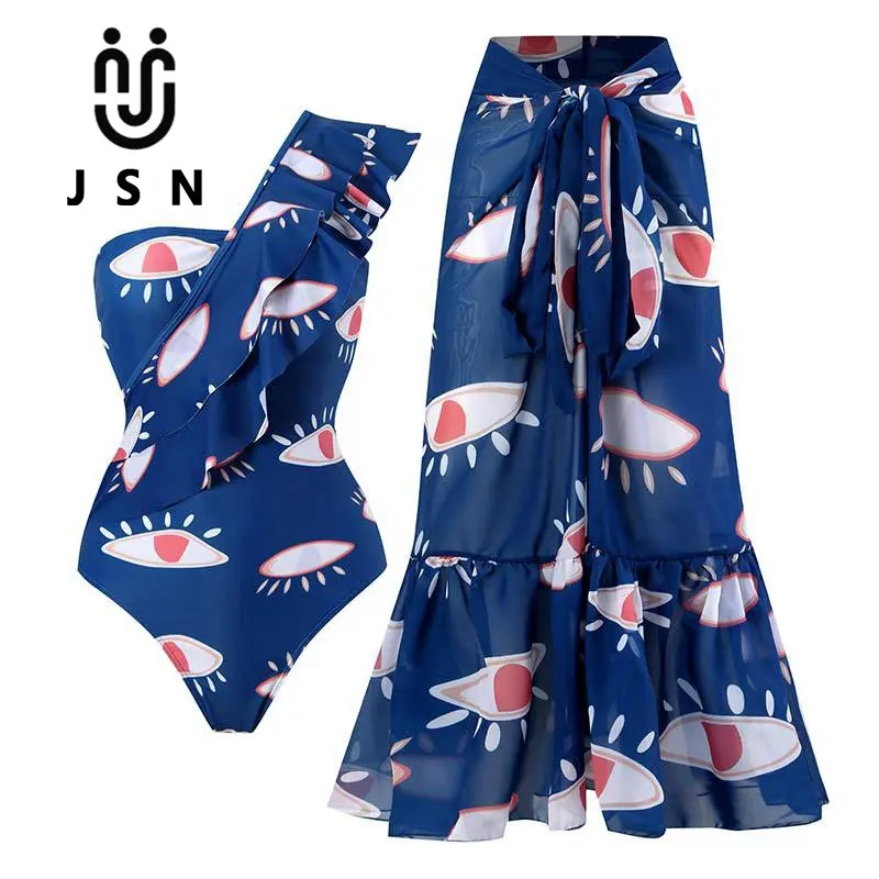 JSN Bikini Factory Wholesales bikini swimwear One shoulder Ruffled Swimwear Vintage Lace Swimsuit Set With Chiffon Long Skirt
