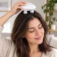 Masseur de tête sans fil beige avec 4 têtes de pétrissage, lumière rouge et 2 modes pour le soin du cuir chevelu à domicile et la relaxation quotidienne