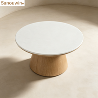 Table basse ronde de haute qualité avec plateau en marbre blanc et base en bois massif, table de salon moderne
