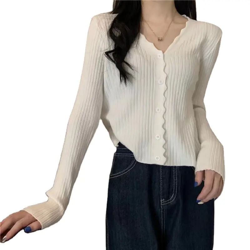 2023 Đầu Mùa Thu Mới v-Cổ Dệt Kim Cardigan Nhỏ Sóng Dài Tay Slim Cardigan Áo Len Của Phụ Nữ Áo Len