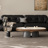 Ensemble de table basse ovale de luxe moderne, plateau en pierre frittée travertin, base en placage de bois noir, table d'appoint en verre, meubles de salon