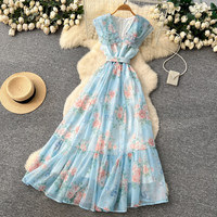 Robe longue décontractée pour femme WIWT, élégante, à imprimé floral, col en V, sans manches, coupe trapèze, avec ceinture, pour les vacances et le quotidien