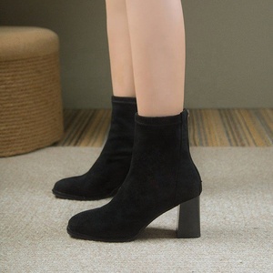 Korean Western Thick Short <b>Boots</b> with Square Toe Caps PU Upper Material Square Heel Rear Zipper Design Exuding Elegant Style - Product Image 3