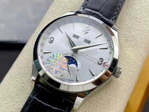 Jaegers Silver Steel <b>Case</b> Silver Sunburst Dial Calendar Moon Phase Automatic <b>Watch</b> with Black Leather Strap Lecoultres - Product Image 3
