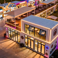 Bar-restaurant en conteneur pour attractions, marché nocturne touristique, rue de la nourriture, terrasse sur le toit, sièges extérieurs, patio, café, place publique