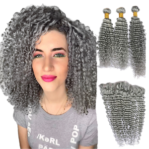 Paquetes de Cabello Remy Brasileño Virgen 100% al por Mayor, Ondulado Profundo, Color Gris, 12 Pulgadas, con Cierre 13x4 - Product Image 1