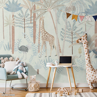 Papier peint pour enfants, tapettes murales pour enfants, murale murale jungle, papier peint animaux bleu pastel et beige pour chambre d'enfant, maison, durable, non toxique