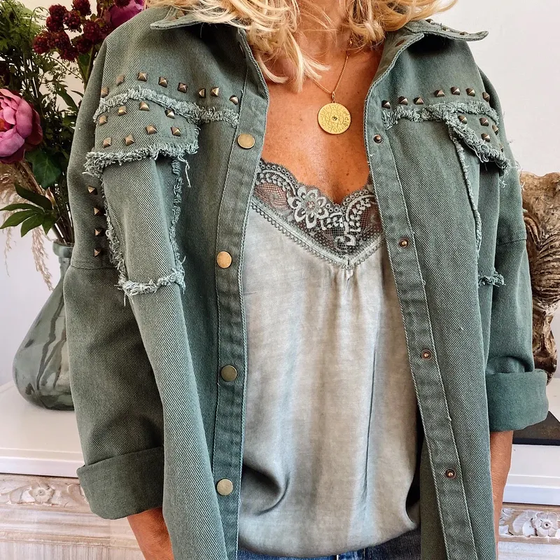 Army Green New Stylish Winter Fall Womens Girls Ladies Warm Long Sleeve Shacket Denim Jacket Coats With Rhinestone Fringe