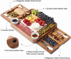 Plateau <span class=keywords><strong>de</strong></span> service rustique en bois d'acacia avec tiroir magnétique, double face, plateau en <span class=keywords><strong>marbre</strong></span> et couteau à fromage, idéal pour les fêtes - Product Image 4