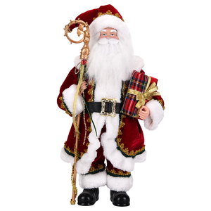 Deep Red Velvet Gold Braid Santa Claus Figure with Crozier Staff for Farmhouse Porch Xmas Decor - Product Image 2