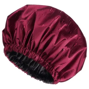 HZO-18155サテン裏地付きシャワーキャップ女性用2層ボンネット防水調節可能髪の保護のために再利用可能