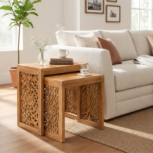 Hand Carved Wood Nested End <b>Tables</b> Natural Walnut Finish Set Of 2 Traditional Bedroom Furniture - Product Image 4