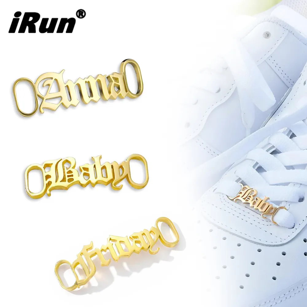 Irun Mode Diy Custom Logo Naam Metalen Decoratie Schoen Gespen En Accessoires Oud Engels Lettertype Sneaker Schoenveters Charm