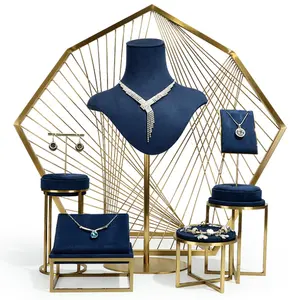 high end custom showcase luxury blue suede metal luxury mannequin jewelry display stands set