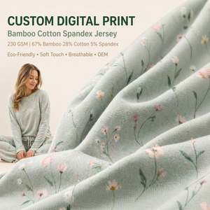 Tissu jersey extensible en coton <span class=keywords><strong>bambou</strong></span> écoresponsable 230 GSM, imprimé numérique personnalisé, pour vêtements de détente et vêtements pour bébés, OEM - Product Image 1
