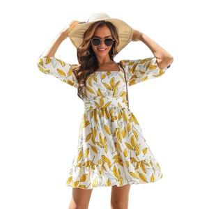 Đầm mini mùa hè boho tay phồng lưng trần, in họa tiết lá, kiểu dáng chữ A, thiết kế riêng cho khách hàng OEM. - Product Image 6