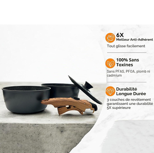Ensemble de casseroles en aluminium forgé antiadhésif avec revêtement céramique moderne, couvercles en verre, poignées amovibles en bois doux au toucher, compatibles induction - Product Image 4