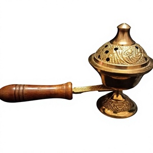 Reasonable Price Pure Brass Embossed Design Round Incense <b>Burner</b> With Wooden Handle Meditation Home Religious Incense <b>Burner</b> - Product Image 1