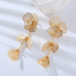 Exaggerated Gold Metal Bloom Flower Drop Earrings Long Flower Blossom Flower Drop Dangle Earrings