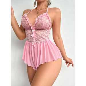 Lencería Sexy de Poliéster Rosa para Mujer, Estilo Europeo Americano, con Encaje, Conjunto de Una Pieza, Lencería para el Día de San Valentín - Product Image 4