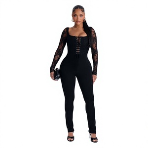 Women's Grommet Lace Spliced Knitted Skinny Fit Street Wear <b>Jumpsuit</b> Wholesale Custom - Product Image 1