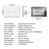 Interruptor Táctil UBARO 118 de 2 Vías y 2 Botones, Cableado Directo, Reemplaza Interruptores Tradicionales de Dos Vías, Sin WiFi, Sin Emparejamiento, para Escaleras, Dormitorios, Interruptores de Vidrio