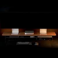 Support double moniteur robuste en bois massif avec pieds en aluminium réglables en hauteur, tiroir réversible et étagère de rangement de bureau