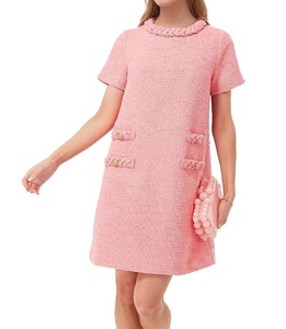 Elegante Abito Estivo in Tweed per Donna, Collo Tondo, Maniche Corte, Dettagli con Bottoni, Aderente, Lunghezza al Ginocchio, per Ufficio e Casual - Product Image 5