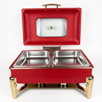 Plat de service de luxe 9L en acier inoxydable, chauffe-plat de buffet rouge et or avec couvercle en verre visible pour banquets d'hôtel