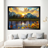 Impression sur toile encadrée prête à accrocher, Art mural en verre Grand Teton Park, Paysage montagneux avec tournesol, Verre trempé