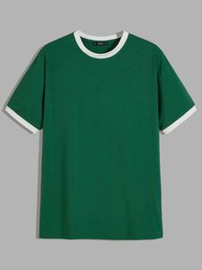 T-shirt vert contrastant pour femme – T-shirt décontracté à manches courtes et col rond avec col et bordure des manches côtelés blancs pour un usage quotidien - Product Image 2