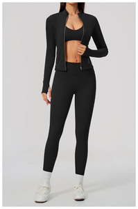 Women Blue Sporty 2 Piece Set Sleeveless Zipper Jacket Short <b>Top</b> High Waist Leggings Striped Knitted Spandex Polyester - Product Image 6