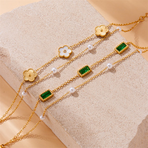 European American Style Retro Multi Layer Gold Plated Stainless Steel Chain Flower Bracelet With Green Stone And Pearl - Product Image 1