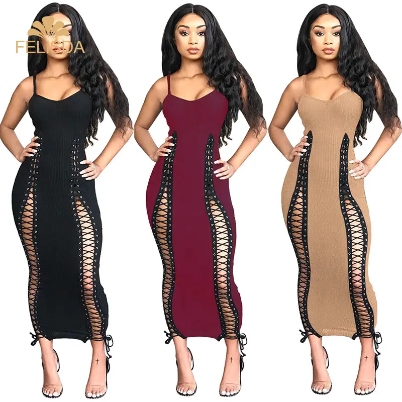 Spaghetti Strap Evening Party Long Dress Sexy Ladies Night Club Dress Knitted Ribbed Vestidos Grommet Bandage Dresses