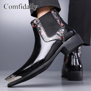 Comfdaily Men Chelsea <b>Boots</b> Ankle Pointed Toe <b>Floral</b> Pattern Genuine Leather Rubber Outsole Fashion Trend - Product Image 5