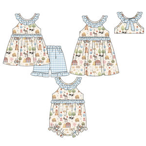 Précommande MOQ 5 Vêtements d'été en coton biologique doux à imprimé de vacances pour filles, étoiles du baseball, vente en gros, boutique pour enfants, usine - Product Image 5