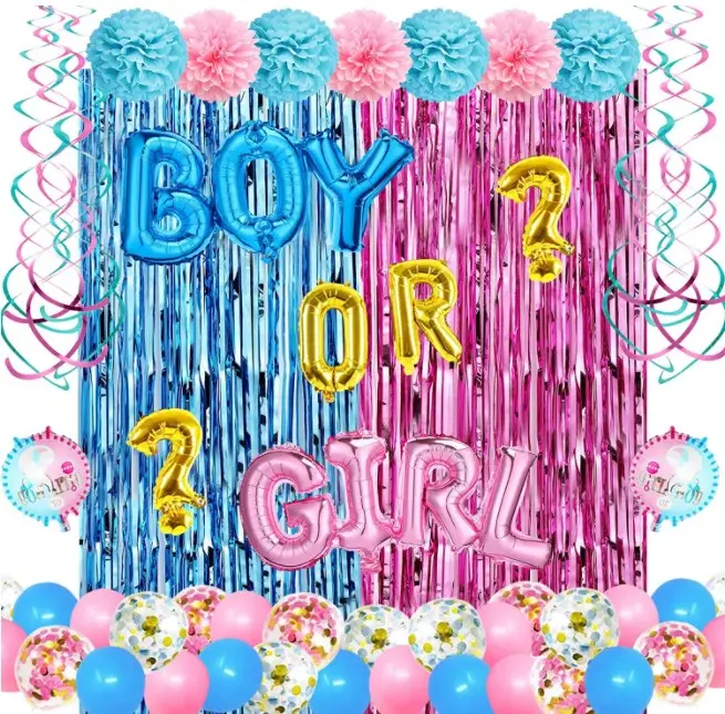 Gender Reveal Baby Shower Party Decorations Kit Boy or Girl Foil Balloons Pink Blue Balloons Tinsel Curtain Paper Pompoms Swirls