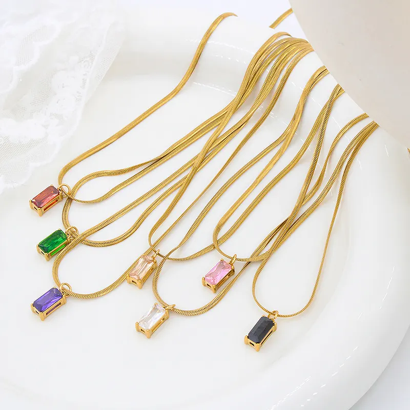 18K Gold Filled Herringbone Flat Snake Chain Necklace Gemstone Square Emerald Green Cubic Zirconia Stone Pendant necklace